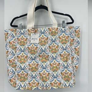 Shabby Chic Cream Tote with Blue and Orange Floral Lattice